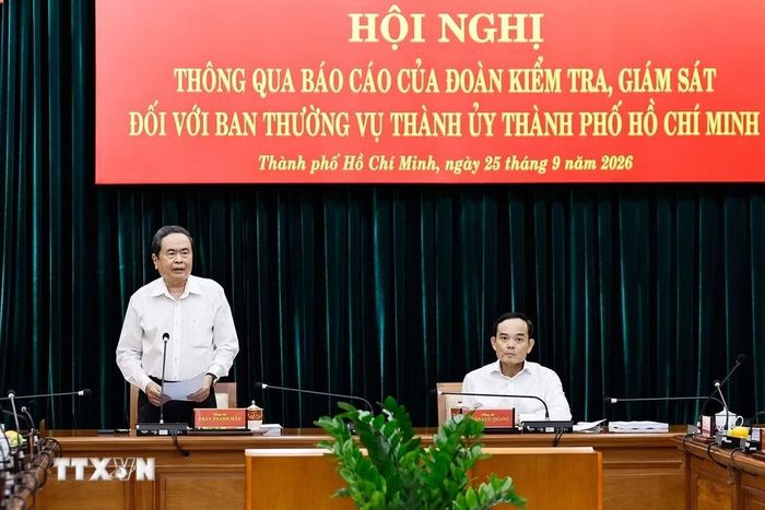 Ủy viên Bộ Chính trị, Chủ tịch Quốc hội Trần Thanh Mẫn, Trưởng Đoàn kiểm tra, giám sát số 220 của Bộ Chính trị phát biểu. (Ảnh: Doãn Tấn/TTXVN)