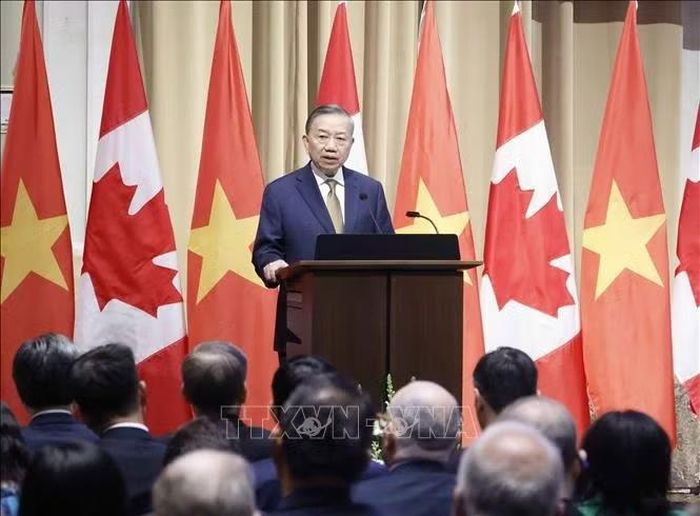 Tổng Bí thư, Chủ tịch nước Tô Lâm phát biểu chính sách "Quan hệ đối tác chiến lược Việt Nam – Canada trong bối cảnh thế giới đầy biến động”. Ảnh: Thống Nhất/TTXVN
