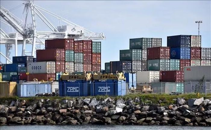 Các container hàng hóa của hãng vận tải Trung Quốc COSCO tại cảng Long Beach, bang California, Mỹ. Ảnh: THX/TTXVN phát