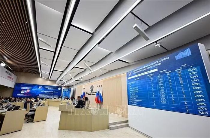 Ủy ban Bầu cử Trung ương Nga công bố kết quả sơ bộ cuộc bầu cử Duma Quốc gia (Hạ viện Nga) tại cuộc họp báo ở Moskva ngày 21/9/2026. Ảnh: THX/TTXVN phát