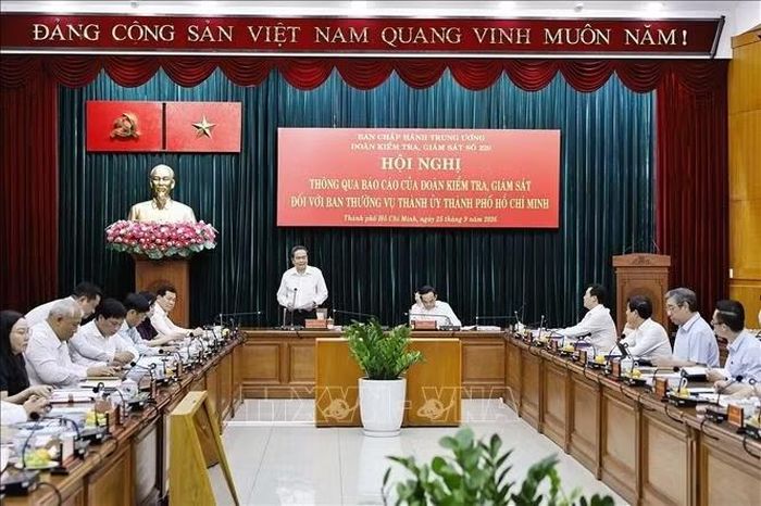 Ủy viên Bộ Chính trị, Chủ tịch Quốc hội Trần Thanh Mẫn, Trưởng Đoàn kiểm tra, giám sát số 220 của Bộ Chính trị phát biểu. Ảnh: Doãn Tấn/TTXVN