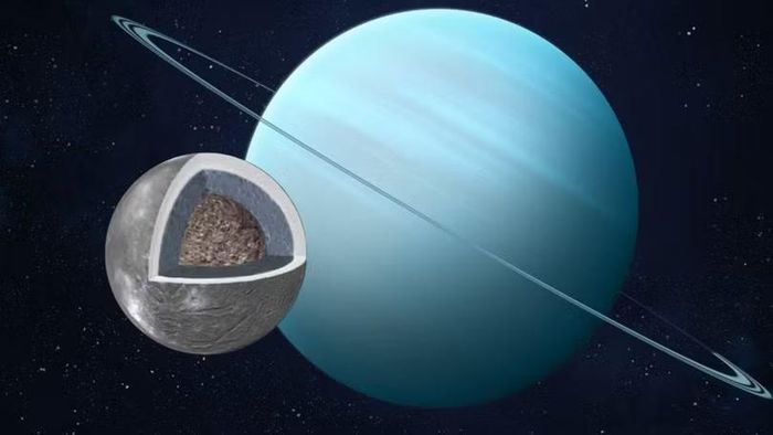 Ariel, một mặt trăng của sao Thiên Vương, có thể từng chứa đại dương sâu khoảng 170 km dưới lớp băng. Ảnh: NASA/JPL-Caltech/PSI/Mikayla Kelley/Peter Buhler.