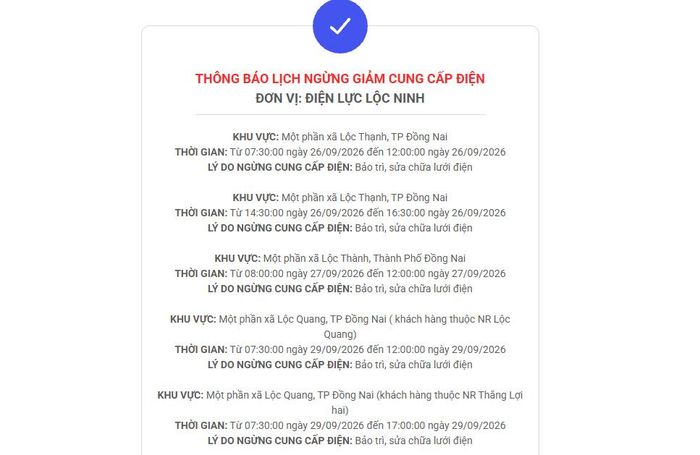 Lịch ngừng cấp điện trên địa bàn Đồng Nai ngày mai 26/9 được cập nhật tại website của EVNSPC. Ảnh: BNEWS phát