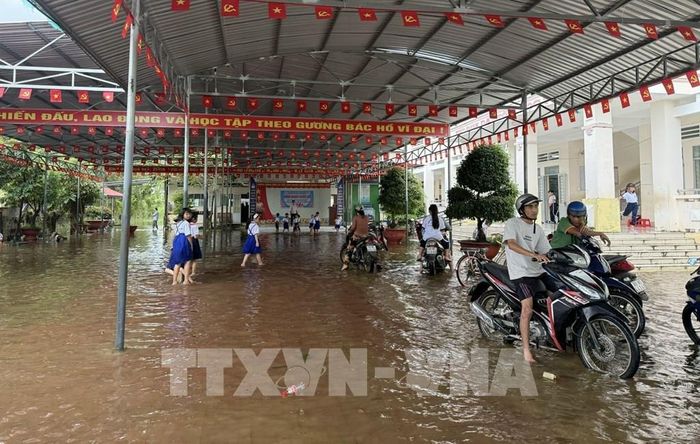 Sân trường Tiểu học Khánh Bình 2 bị ngập úng. Ảnh: Tuấn Phi - TTXVN 