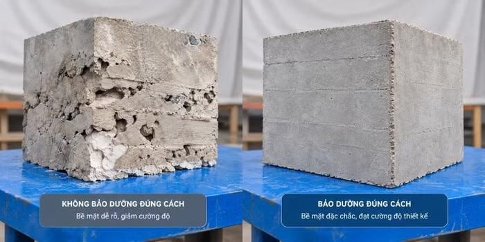 Thử nghiệm tại nhà máy xi măng Tân Thắng cho 2 khối bê tông cùng nguyên liệu và cấp phối, nhưng khác cách bảo dưỡng