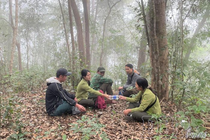 Giây phút nghỉ ngơi ngắn ngủi, chia nhau từng chai nước lọc trên đường tuần tra, kiểm soát rừng. 