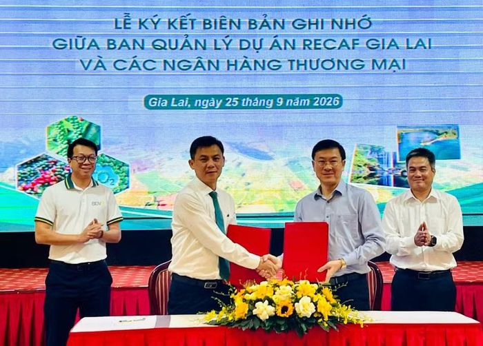 Đại diện một số ngân hàng thương mại trên địa bàn tỉnh đã ký kết biên bản ghi nhớ hợp tác với Ban Quản lý dự án RECAF Gia Lai. Ảnh: P.D