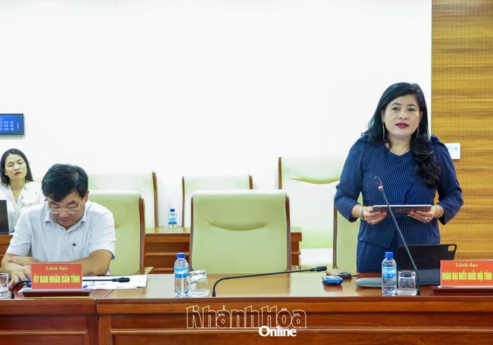 Đồng chí Đàng Thị Mỹ Hương - Phó Trưởng đoàn chuyên trách Đoàn Đại biểu Quốc hội tỉnh báo cáo một số nội dung tại hội nghị.