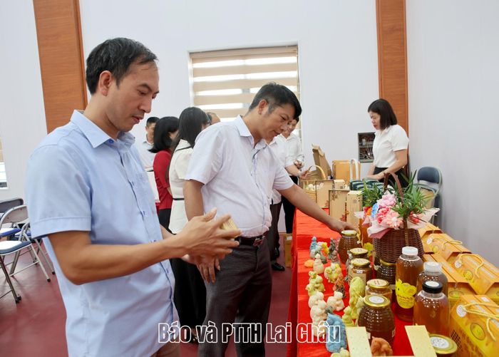 Đại biểu tham quan các sản phẩm do hội viên nông dân phường Tân Phong sản xuất. 