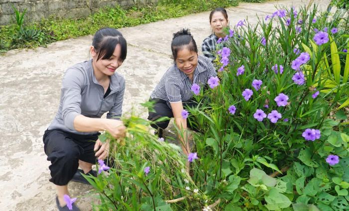 Phụ nữ xã Đồng Khê chăm sóc đường hoa trong “Ngày cuối tuần cùng dân”.