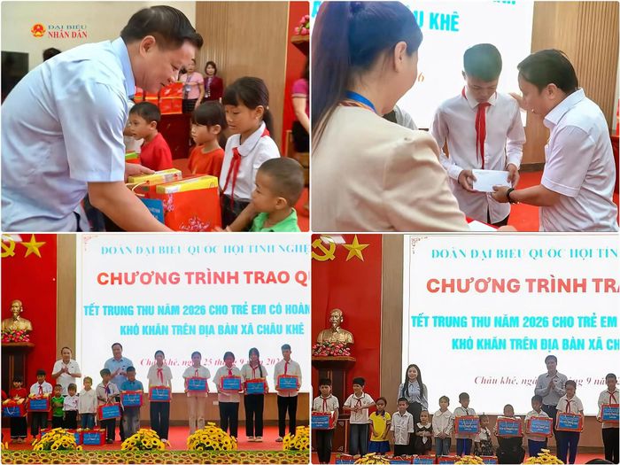 Trưởng Đoàn ĐBQH tỉnh Nguyễn Khắc Thận cùng các ĐBQH và lãnh đạo tỉnh trao quà Trung thu cho thiếu nhi có hoàn cảnh khó khăn tại xã Châu Khê Ảnh: Châu San