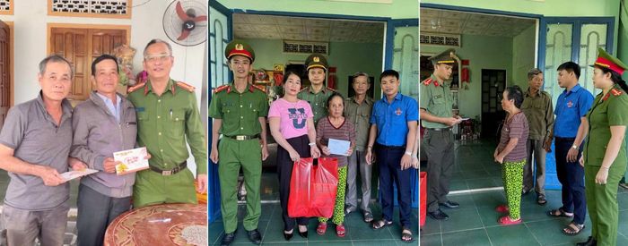 Cán bộ Công an xã Tiên Phước thăm, tặng quà gia đình chính sách, hộ gia đình khó khăn trên địa bàn xã.