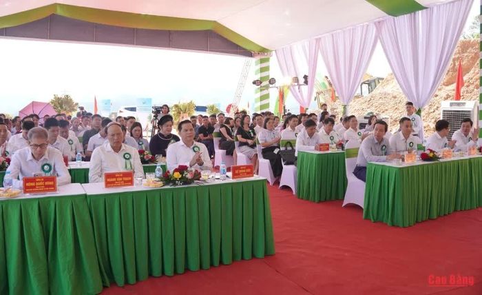Các đại biểu tham dự buổi lễ khởi công Dự án Nhà máy sản xuất phôi tre ép công nghiệp và các sản phẩm từ tre tại xã Bạch Đằng.