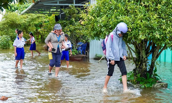 Đường ngập, phụ huynh vất vả đưa con đến lớp tại Trường Tiểu học 2 Khánh Bình trong chiều 24/9.