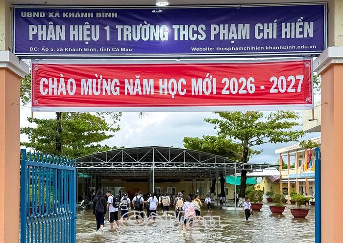 Sân trường Phân hiệu 1 Trường THCS Phạm Chí Hiền (xã Khánh Bình) ngập sâu sau những đợt mưa lớn kéo dài.
