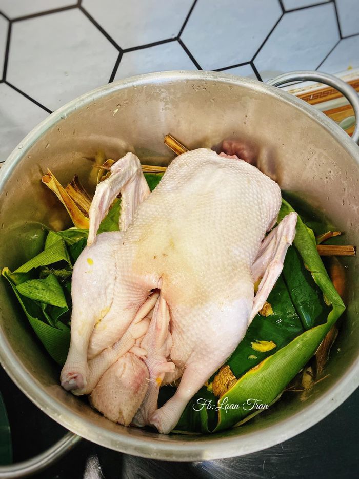 Sau khi sơ chế, dùng khăn giấy thấm thật khô vịt. Đập dập sả, gừng và hành tím rồi xếp một lớp xuống đáy nồi có đáy dày. Ảnh Internet.