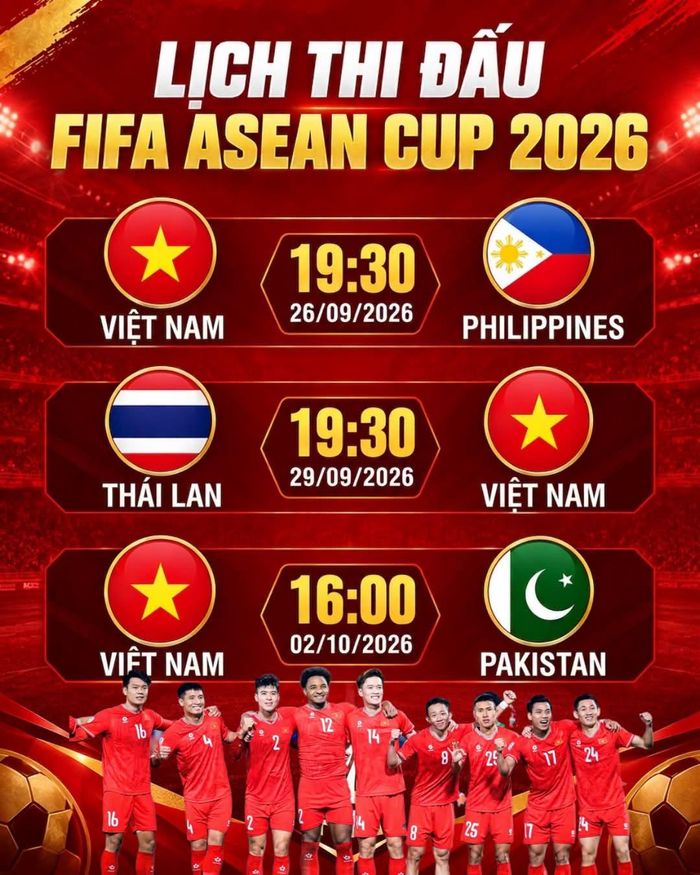 Lịch thi đấu FIFA ASEAN Cup 2026 của tuyển Việt Nam
