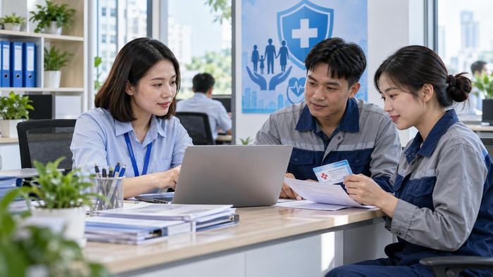 Doanh nghiệp thực hiện thủ tục BHXH, BHYT cho người lao động. (Ảnh minh họa, có hỗ trợ AI).