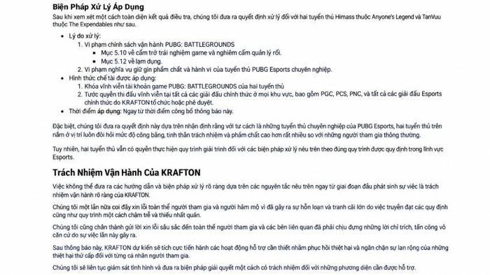 Thông báo từ nhà phát hành Krafton về án phạt dành cho 2 tuyển thủ. Ảnh: PUBG.
