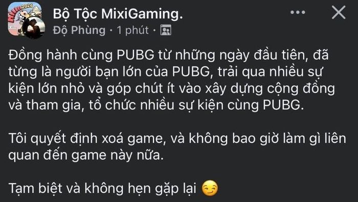 Streamer Độ Mixi tuyên bố sẽ xóa PUBG. Ảnh: Độ Phùng.