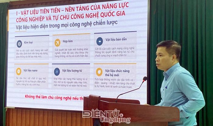 PGS.TS Trần Quốc Tiến thay mặt Viện Khoa học vật liệu, Viện Hàn lâm Khoa học và Công nghệ Việt Nam chi sẻ tại Hội thảo. Ảnh HC
