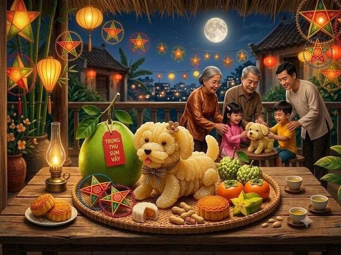 Mâm cỗ Trung thu thường có bánh, hoa quả và các loại đồ ăn được bày biện đẹp mắt.