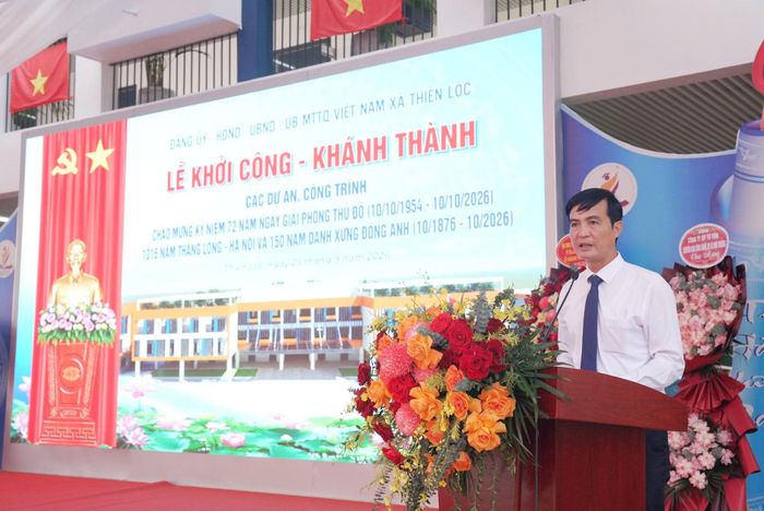 Chủ tịch UBND xã Thiên Lộc Nguyễn Hữu Dũng phát biểu tại buổi lễ. Ảnh: PV
