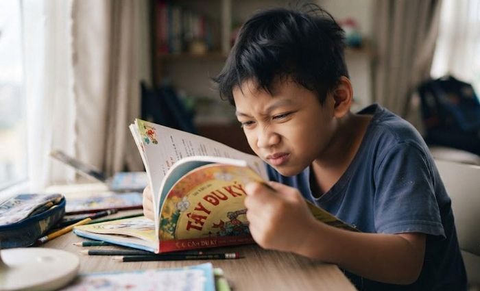 Trẻ cận thị có thể thường xuyên nheo mắt, cúi sát khi đọc sách. Ảnh: AI.