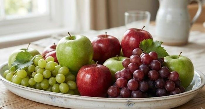 Cả táo và nho đều cung cấp một số chất dinh dưỡng quan trọng và các hợp chất thực vật có lợi. Ảnh minh họa AI