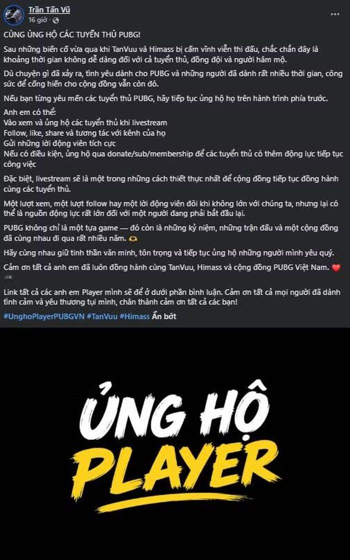 TanVuu mong muốn mọi người ủng hộ tất cả các cựu tuyển thủ PUBG gặp ảnh hưởng chứ không chỉ riêng anh.