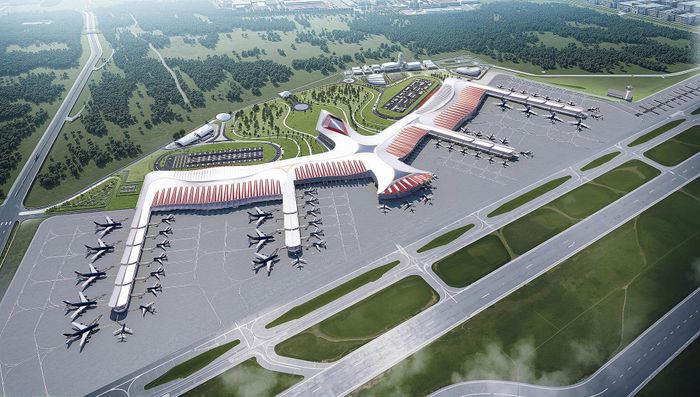  Nhà ga T2 là một trong những hạng mục lớn của dự án, hiện tập trung đông nhân lực nhất. Công trình được thiết kế lấy cảm hứng từ hình tượng chim phượng hoàng vươn lên. Ảnh phối cảnh: NĐT. 