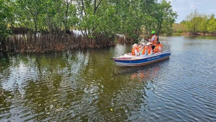 Du khách trải nghiệm chèo thuyền giữa không gian Rú Chá. (Ảnh: CTV)