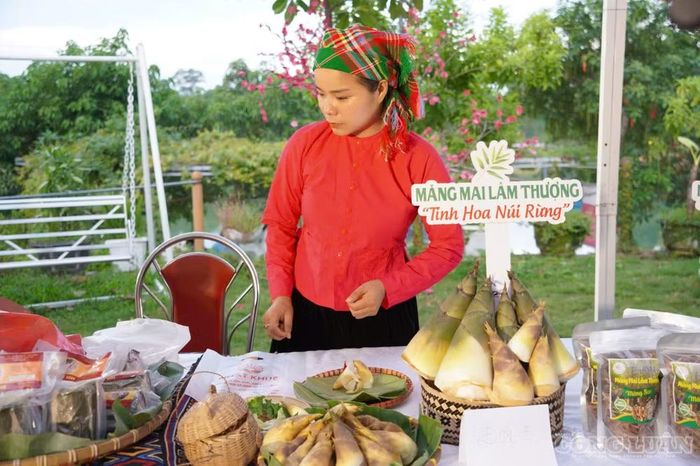 Chị Nguyễn Thị Dím giới thiệu các sản phẩm từ măng mai Lâm Thượng.