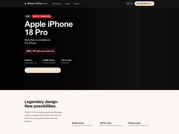 Website bán iPhone 18 Pro giả mạo cho phép thanh toán bằng Bitcoin. Ảnh: Kaspersky