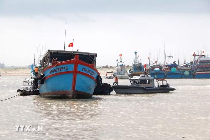 Lực lượng bộ đội biên phòng kiểm tra tàu cá ra . (Ảnh: Nguyễn Thanh/TTXVN)