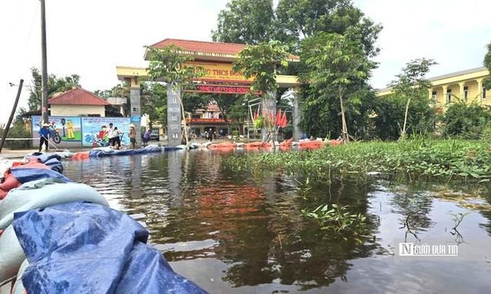Đắp bờ bao, bơm tiêu thoát nước tại trường học sau lũ.