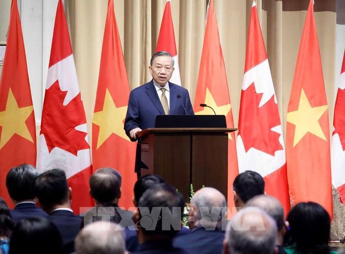 Tổng Bí thư, Chủ tịch nước Tô Lâm phát biểu chính sách "Quan hệ đối tác chiến lược Việt Nam – Canada trong bối cảnh thế giới đầy biến động”. Ảnh: Thống Nhất – TTXVN