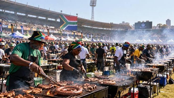 Những người tham gia tại sân vận động Loftus Versfeld ở Pretoria, nơi hàng ngàn người Nam Phi đã tập trung vào ngày 24/09/2026 để cố gắng phá kỷ lục Guinness thế giới về bữa tiệc nướng lớn nhất từ ​​trước đến nay. Ảnh: Kate Bartlett/NPR