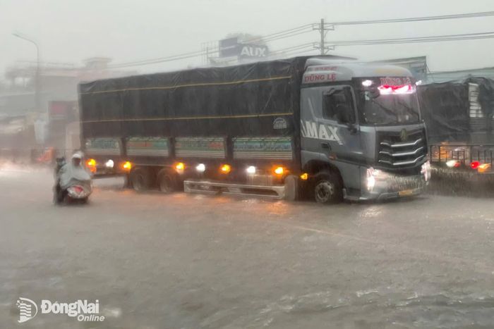 Cơn mưa lớn vào chiều tối 22-9 khiến một đoạn trên quốc lộ 1, phường Tam Hiệp ngập sâu, gây khó khăn cho phương tiện di chuyển.