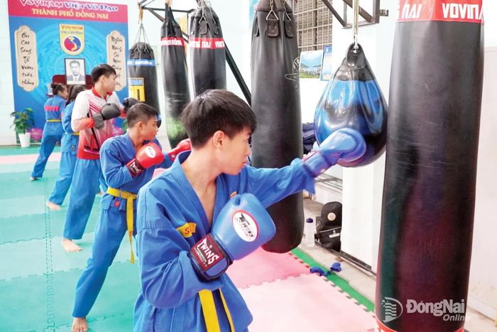 Vận động viên môn vovinam trong giờ luyện tập kỹ năng đấm thẳng.