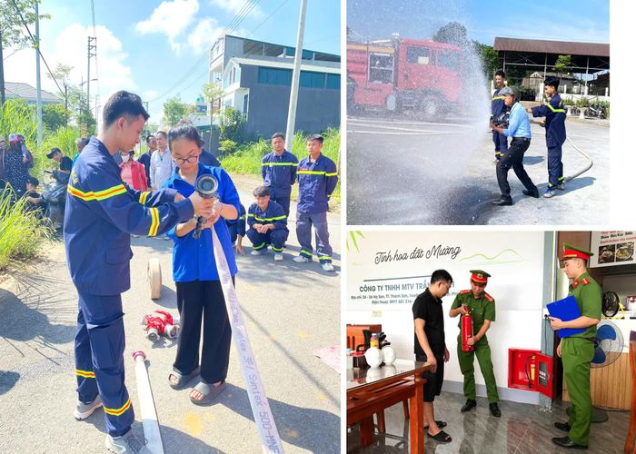 Cán bộ, chiến sĩ Phòng Cảnh sát PCCC và CNCH tuyên truyền, hướng dẫn kỹ năng PCCC khu dân cư, cơ sở kinh doanh trên địa bàn.