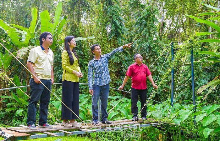 Anh Phạm Văn Khanh (thứ hai từ phải sang) giới thiệu những chiếc kèo ong nép dưới tán rừng, giúp du khách dễ dàng quan sát.
