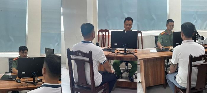 Công an làm việc với các đối tượng trong đường dây tổ chức đánh bạc.