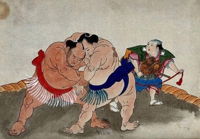 Sumo ban đầu là nghi thức trong các dịp lễ thần linh, theo thời gian trở thành môn thi đấu được nhiều người dân Nhật Bản yêu thích. (Ảnh: History Files)