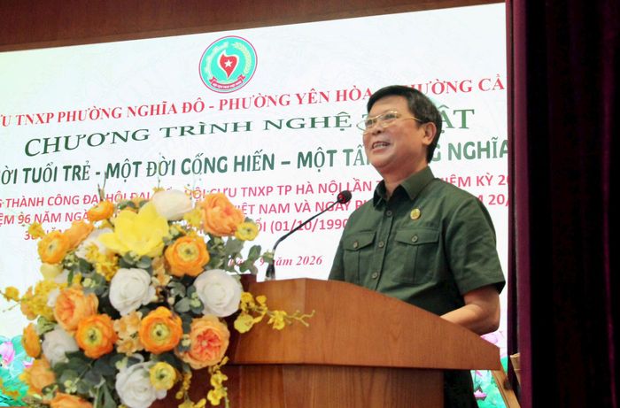 Chủ tịch Hội Cựu TNXP thành phố Hà Nội Lê Tuấn Hùng phát biểu. Ảnh: Bảo Lâm