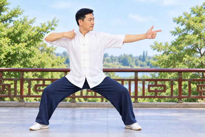 Động tác Kéo cung hai phía hỗ trợ tăng cường sức khỏe hô hấp. Ảnh: AI.