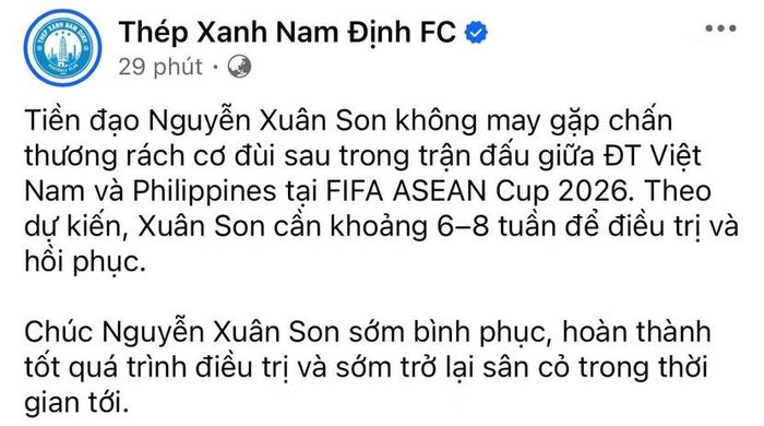 CLB chủ quản Nam Định thông báo Xuân Son phải nghỉ 6-8 tuần