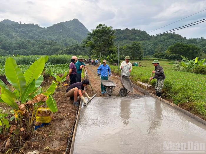 Nhân dân xã Bắc Sơn xây dựng đường bê-tông trong thực hiện xây dựng nông thôn mới. (Ảnh: DOÃN TUẤN)