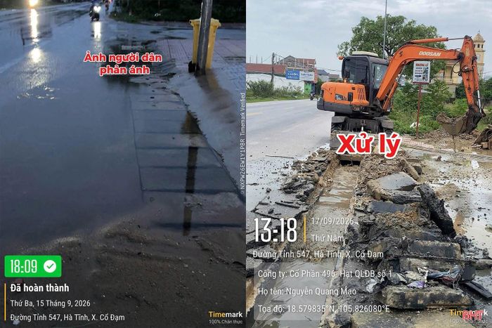 Rãnh thoát nước tại Km20+850 đường ĐT.547, xã Cổ Đạm được khơi thông sau phản ánh qua i-HaTinh. (Ảnh từ ứng dụng i-HaTinh).