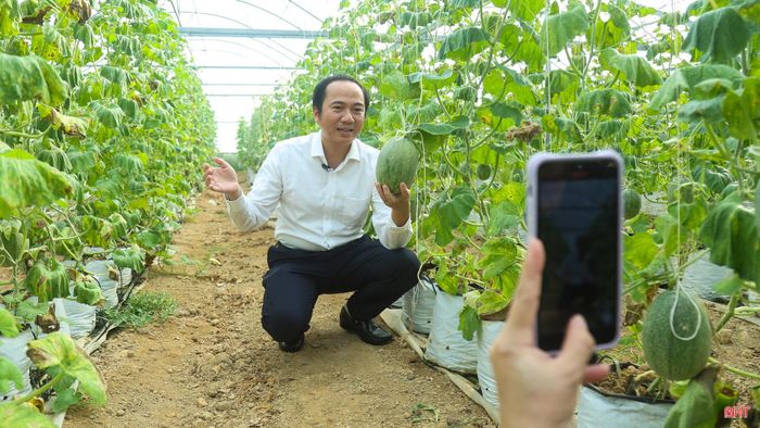 Rời Nhà văn hóa thôn Bắc Thai, chúng tôi tranh thủ ghi thêm hình ảnh tại một mô hình trồng dưa lưới trong thôn. Một video chỉ dài vài phút nhưng để có đủ tư liệu, chúng tôi thường dành 4 - 5 giờ quay thực tế.